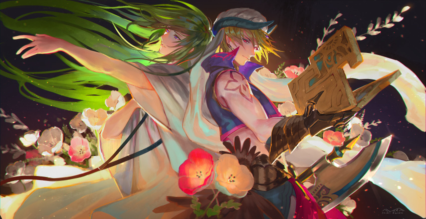 2boys arabian_clothes axe back-to-back bangs bare_shoulders blonde_hair blue_eyes book closed_mouth cropped_vest earrings egawa_akira enkidu_(fate/strange_fake) fate/grand_order fate/strange_fake fate_(series) flower gauntlets gilgamesh gilgamesh_(caster)_(fate) green_hair hair_between_eyes highres holding holding_book jewelry long_hair multiple_boys parted_lips red_eyes tattoo turban weapon white_robe