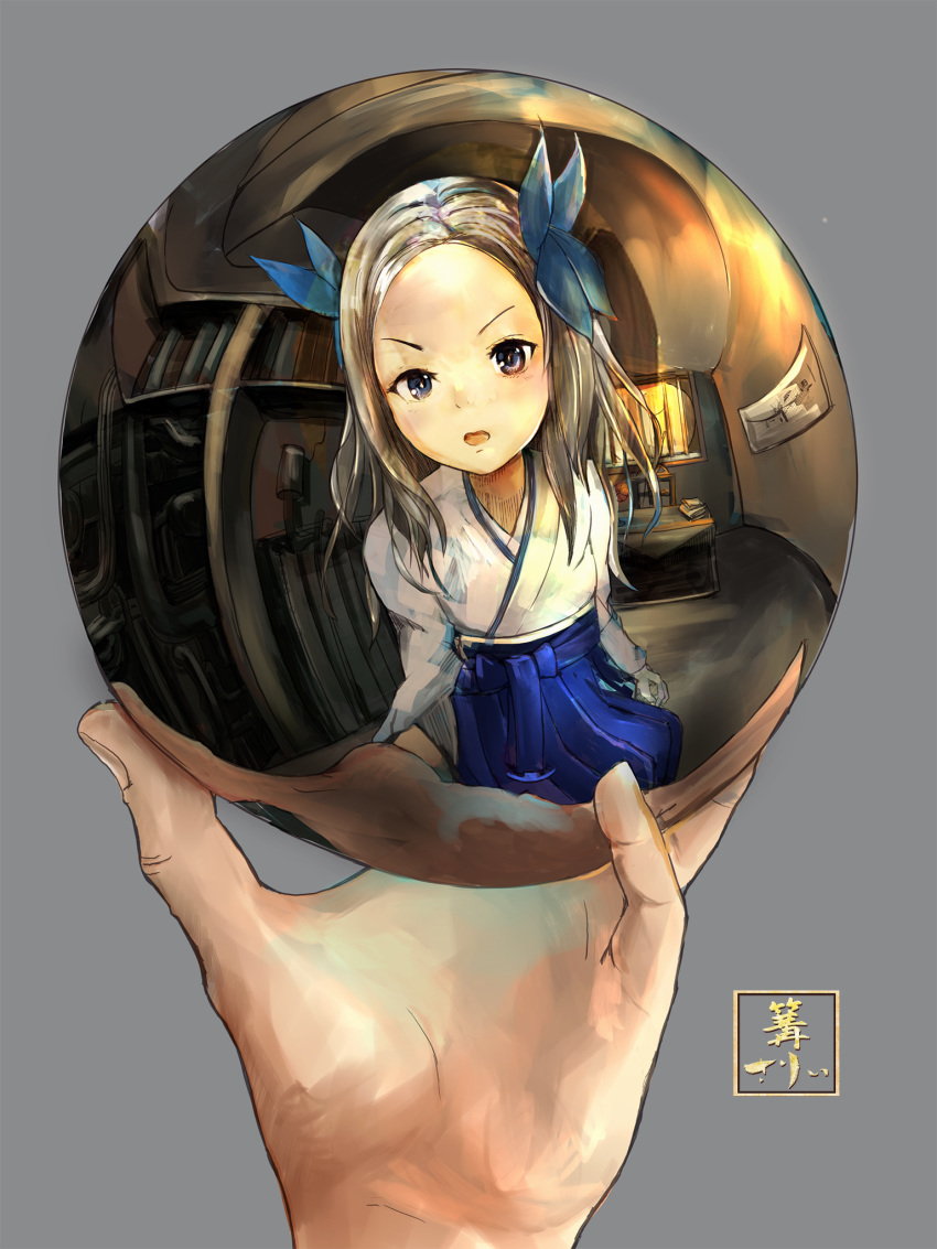 1girl aircraft airplane asakaze_(kantai_collection) ball bangs blue_eyes book bookshelf brown_hair commentary dark desk female_pov fine_art_parody fisheye forehead grey_background hair_ribbon hakama highres indoors japanese_clothes kantai_collection kobaman_annwn lamp long_hair meiji_schoolgirl_uniform morning open_mouth parody parted_bangs poster_(object) pov reflection ribbon seaplane signature simple_background solo sunrise window