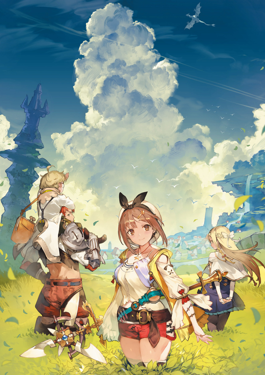 2boys 2girls atelier_(series) atelier_ryza blonde_hair braid brown_eyes brown_hair carrying clouds coat dragon from_behind glasses hair_ornament hair_ribbon hairclip half_updo hat highres hooded_vest jewelry key_visual klaudia_valentz lent_marslink long_hair looking_at_viewer looking_back midriff multiple_boys multiple_girls necklace official_art pantyhose red_shorts redhead reisalin_stout ribbon round-bottom_flask short_hair short_shorts shorts shoulder_armor shoulder_carry skindentation staff suspenders tao_mongarten thigh-highs thighs toridamono wyvern