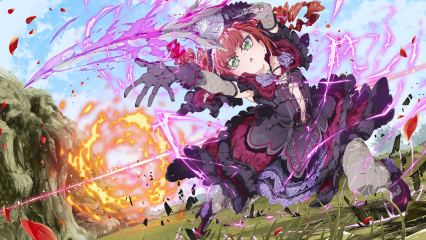 1girl amy_sorel bangs black_gloves capelet dress drill_hair enouchi_ai fire frilled_dress frills gloves green_eyes grey_legwear high_heels highres holding holding_weapon outdoors petals purple_footwear redhead sleeveless sleeveless_dress solo soulcalibur sword twin_drills twintails weapon