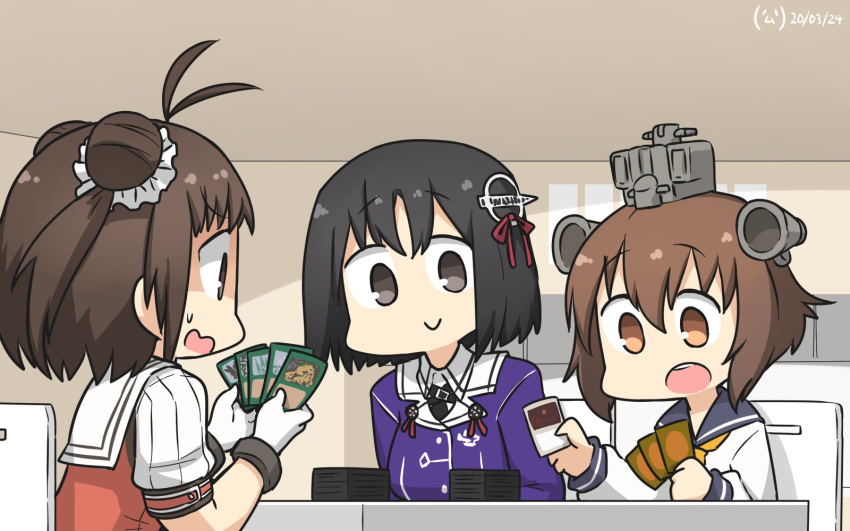 3girls antenna_hair black_hair brown_eyes brown_hair card card_(medium) chair commentary_request dated dining_room double_bun dress gloves haguro_(kantai_collection) hair_ornament hamu_koutarou headgear headset highres indoors kantai_collection leaning_forward looking_at_another looking_down magic:_the_gathering multiple_girls naka_(kantai_collection) neckerchief open_mouth sailor_dress school_uniform serafuku shaded_face short_hair signature sitting speaking_tube_headset sweatdrop table wavy_mouth white_gloves yellow_neckwear yukikaze_(kantai_collection)