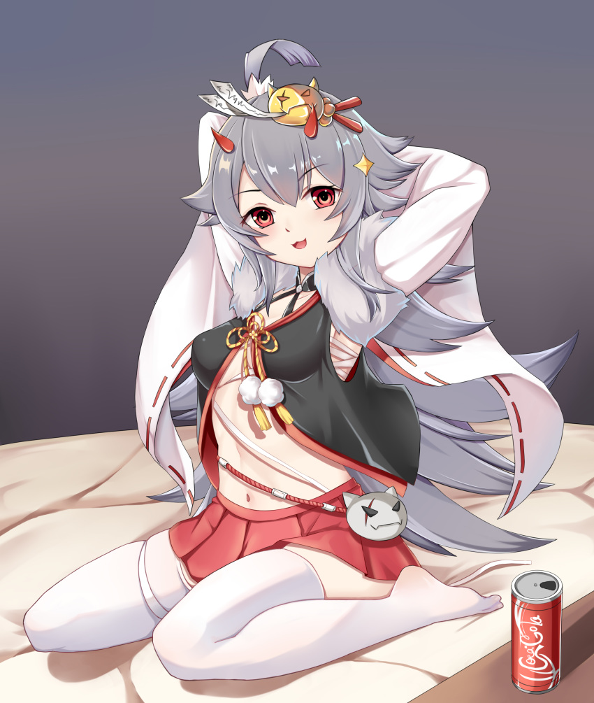 1girl :3 :d absurdres ahoge armpits arms_behind_head arms_up azur_lane bangs black_shirt blush brand_name_imitation breasts budget_sarashi can chinese_commentary coca-cola collarbone commentary_request eyebrows_visible_through_hair full_body fur_trim grey_background hair_between_eyes hair_ornament hairclip hibiki_(azur_lane) highres horns japanese_clothes long_hair long_sleeves looking_at_viewer midriff navel no_shoes obijime on_bed oni_horns open_mouth partially_unbuttoned pleated_skirt red_eyes red_skirt ribbon-trimmed_sleeves ribbon_trim sarashi shadow shirt sidelocks silver_hair simple_background sitting skindentation skirt small_breasts smile soda_can solo talisman the_hermit thigh-highs wariza white_legwear white_sleeves wide_sleeves zettai_ryouiki