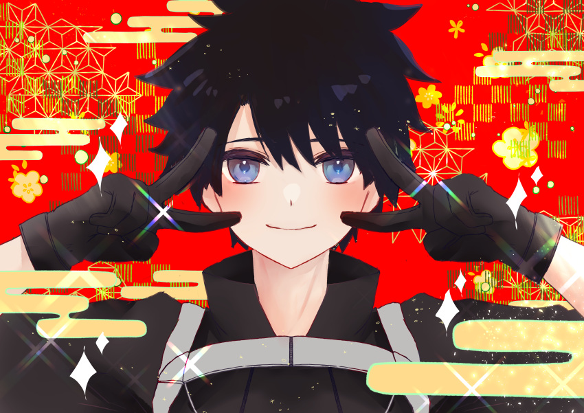 1boy absurdres bangs black_gloves black_hair black_jacket blue_eyes blush checkered checkered_background closed_mouth double_v egasumi emotional_engine_-_full_drive fate/grand_order fate_(series) floral_background fujimaru_ritsuka_(male) gloves hands_up highres jacket looking_at_viewer melty_(corolla) parody polar_chaldea_uniform red_background short_hair smile solo sparkle spiky_hair suspenders v