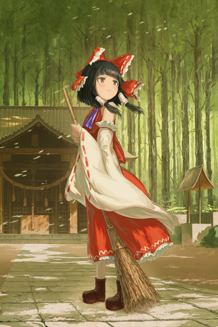 1girl architecture ascot bangs black_hair blue_neckwear blunt_bangs boots bow box broom brown_footwear dappled_sunlight day detached_sleeves donation_box east_asian_architecture expressionless fjsmu forest full_body hair_blowing hair_bow hair_tubes hakurei_reimu hakurei_shrine highres holding holding_broom light_blush looking_back looking_to_the_side nature outdoors petals petticoat red_eyes red_skirt red_vest ribbon-trimmed_sleeves ribbon_trim rope shide shimenawa short_hair sidelocks skirt solo stairs standing stone_stairs stone_walkway sunlight touhou vest well wide_sleeves wind wind_lift