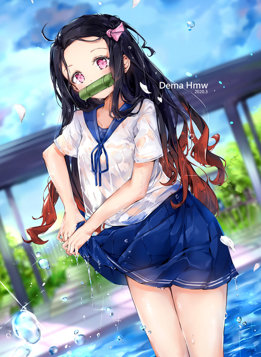 1girl bamboo bangs bit_gag black_hair blue_ribbon blue_sailor_collar blue_skirt blue_sky blurry blurry_background bra_through_clothes breasts brown_hair clouds cloudy_sky commentary_request cute dated day depth_of_field forehead gag gradient_hair hair_ribbon highres hmw_(pixiv7054584) kamado_nezuko kimetsu_no_yaiba long_hair looking_at_viewer mouth_hold multicolored_hair neck_ribbon outdoors parted_bangs pink_eyes pink_ribbon pleated_skirt ribbon sailor_collar school_uniform see-through serafuku shirt short_sleeves skirt sky small_breasts solo very_long_hair water water_drop wet wet_clothes wet_shirt white_shirt wringing_clothes wringing_skirt