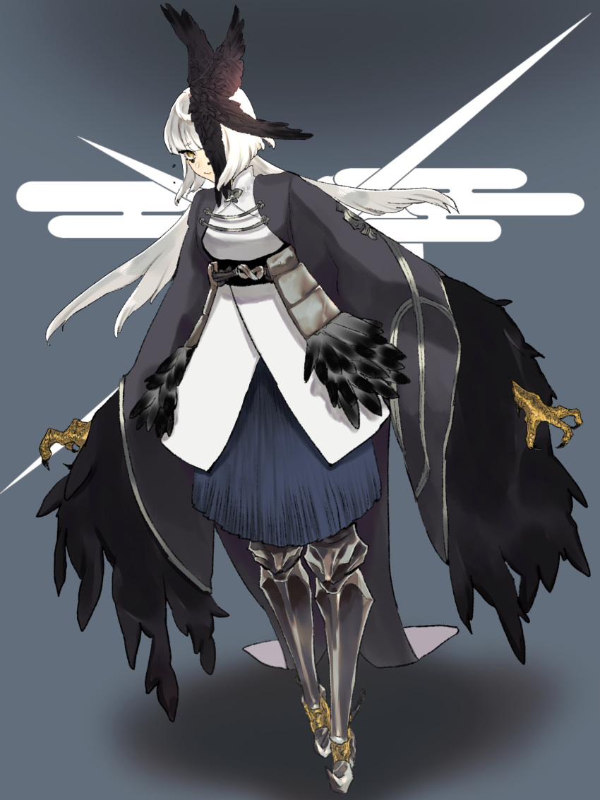 1girl bangs black_cape black_wings blunt_bangs brooch cape egasumi feathers full_body greaves grey_background grey_footwear grey_legwear hair_feathers highres jewelry long_hair pixiv_fantasia pixiv_fantasia_age_of_starlight standing talons white_hair wings