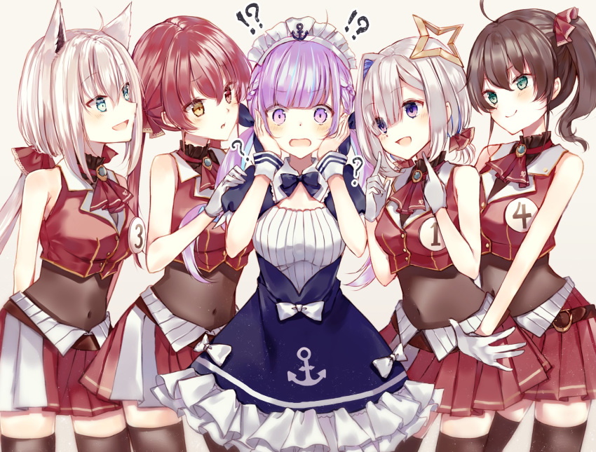 !? 5girls amane_kanata animal_ear_fluff animal_ears aqua_hair ascot black_legwear blue_eyes blue_ribbon bodysuit_under_clothes breasts brown_hair commentary_request cosplay covered_navel earrings flustered fox_ears frilled_skirt frills gloves green_eyes hair_ornament hair_ribbon hair_scrunchie hands_on_own_cheeks hands_on_own_face highres hololive houshou_marine houshou_marine_(cosplay) jewelry long_hair looking_at_another lovely_yoshio low_ponytail maid_headdress medium_breasts minato_aqua multicolored_hair multiple_girls natsuiro_matsuri pleated_skirt puffy_short_sleeves puffy_sleeves purple_hair red_neckwear red_skirt redhead ribbon scrunchie shirakami_fubuki short_hair short_sleeves side_ponytail silver_hair skirt spoken_interrobang thigh-highs twintails violet_eyes virtual_youtuber white_gloves wrist_cuffs yellow_eyes zettai_ryouiki