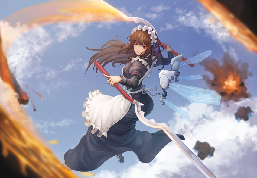 1girl absurdres apron arin_sel attack bangs brown_hair day dress explosion eyebrows_visible_through_hair grin highres huge_filesize ironworm last_origin long_dress long_hair looking_at_viewer maid maid_apron maid_headdress midair outdoors red_eyes scissors_lise sky smile solo wings yandere