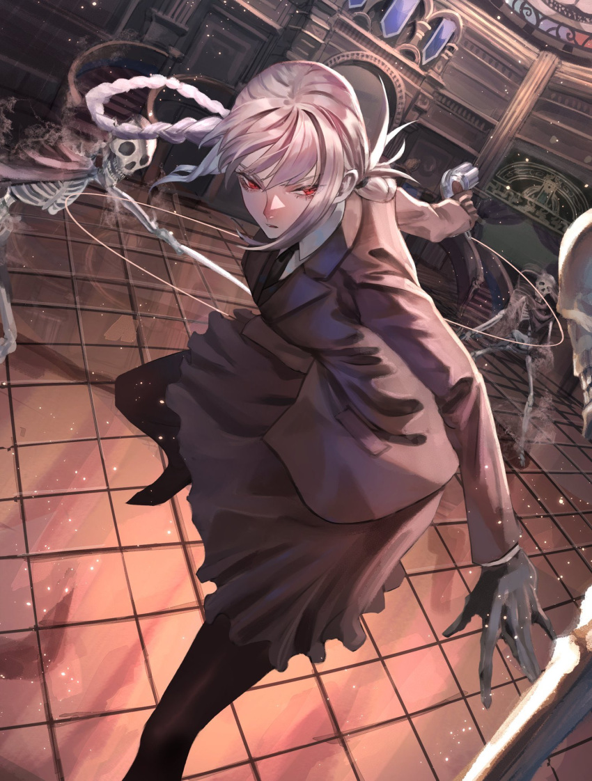 1girl bangs black_footwear black_gloves black_legwear black_neckwear brown_jacket brown_skirt collared_shirt commentary_request fate/grand_order fate_(series) fighting fighting_stance florence_nightingale_(fate/grand_order) gloves gun handgun highres holding holding_gun holding_weapon indoors jacket long_hair low_tied_hair makitoshi0316 open_mouth pistol red_eyes shirt sidelocks silver_hair skeleton skirt tile_floor tiles weapon white_shirt wire