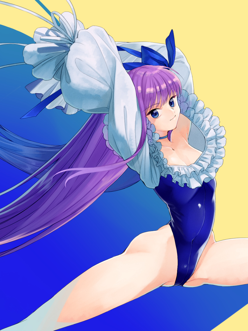 1girl arms_up bangs bare_shoulders blue_background blue_choker blue_eyes blue_ribbon blue_swimsuit breasts choker closed_mouth collarbone covered_navel fate/grand_order fate_(series) frills hair_ribbon highleg highleg_swimsuit highres long_hair looking_at_viewer meltryllis meltryllis_(swimsuit_lancer)_(fate) off-shoulder_swimsuit omiyacha one-piece_swimsuit puffy_sleeves purple_hair ribbon sleeves_past_fingers sleeves_past_wrists small_breasts smile solo swimsuit thighs two-tone_background very_long_hair yellow_background