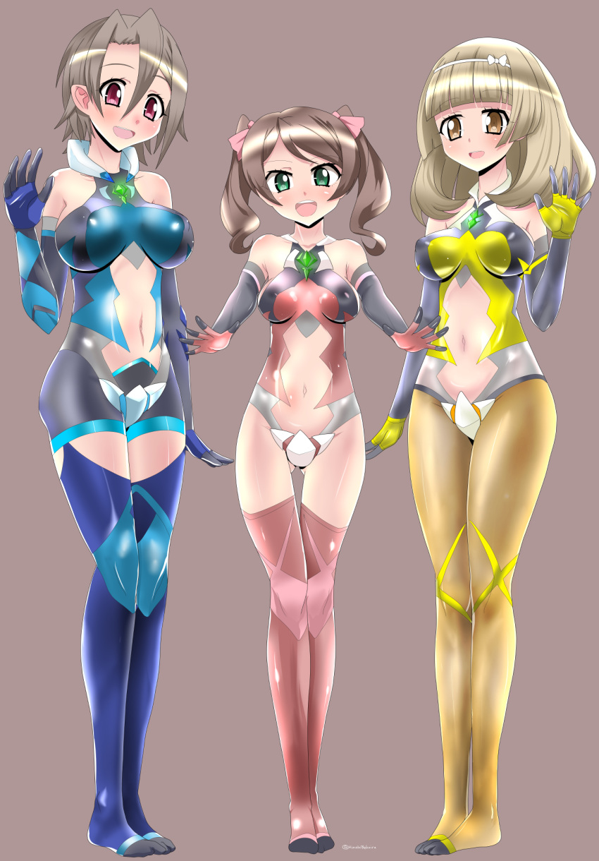 3girls andou_kuriyo bare_shoulders blonde_hair blush bodysuit breasts brown_hair green_eyes highres hinoki_(neko_irazu) itaba_yumi large_breasts leotard long_hair looking_at_viewer medium_breasts multiple_girls navel navel_cutout red_eyes senki_zesshou_symphogear shiny shiny_hair shiny_skin short_hair simple_background standing terashima_shiori thigh-highs