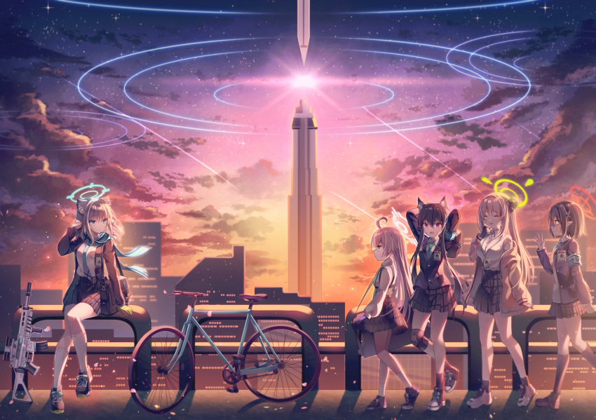 5girls animal_ears badge bag bangs bicycle black_hair blue_archive blue_eyes blue_necktie blush breasts brown_hair cat_ears character_request city closed_eyes clouds collared_shirt evening from_side gin_(gin937) glasses ground_vehicle gun hair_ornament hand_up handbag highres hoshino_(blue_archive) jacket large_breasts long_hair medium_breasts medium_hair multiple_girls necktie night night_sky open_mouth pink_eyes pink_hair pointy_ears scenery school_uniform serika_(blue_archive) shiroko_(blue_archive) shirt shoes sitting skirt sky small_breasts smile socks standing star_(sky) starry_sky sunset thighs uniform weapon