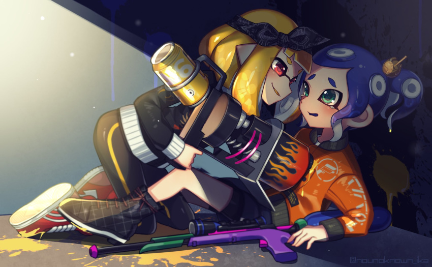 2girls bangs black_headband black_jacket black_legwear blaster_(splatoon) blonde_hair blue_hair blue_tongue blunt_bangs commentary domino_mask green_eyes hair_ornament hairpin headband highres inkling jacket kneeling leaning_forward leggings light_particles logo long_sleeves looking_at_another lying makeup mascara mask multiple_girls nou octarian octoling on_back open_mouth orange_jacket paint_splatter parted_lips pointy_ears red_eyes red_footwear scope shoes short_hair single_vertical_stripe smirk sneakers splat_charger_(splatoon) splatoon_(series) splatoon_2 suction_cups sunlight tearing_up trapped twitter_username yellow_tongue