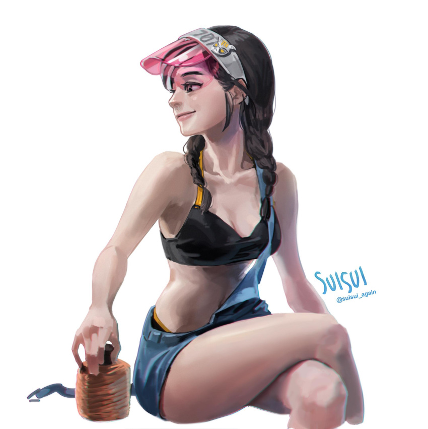 1girl bare_legs black_bra black_hair bottle bra braid breasts casual collarbone commentary crop_top dokkaebi_(rainbow_six_siege) english_commentary friendly_mutton_chops hair_over_shoulder highres lips making-of_available medium_hair no_eyewear nose one_eye_closed overalls rainbow_six_siege shorts single_strap small_breasts solo suisui_again twin_braids underwear visor_cap white_background