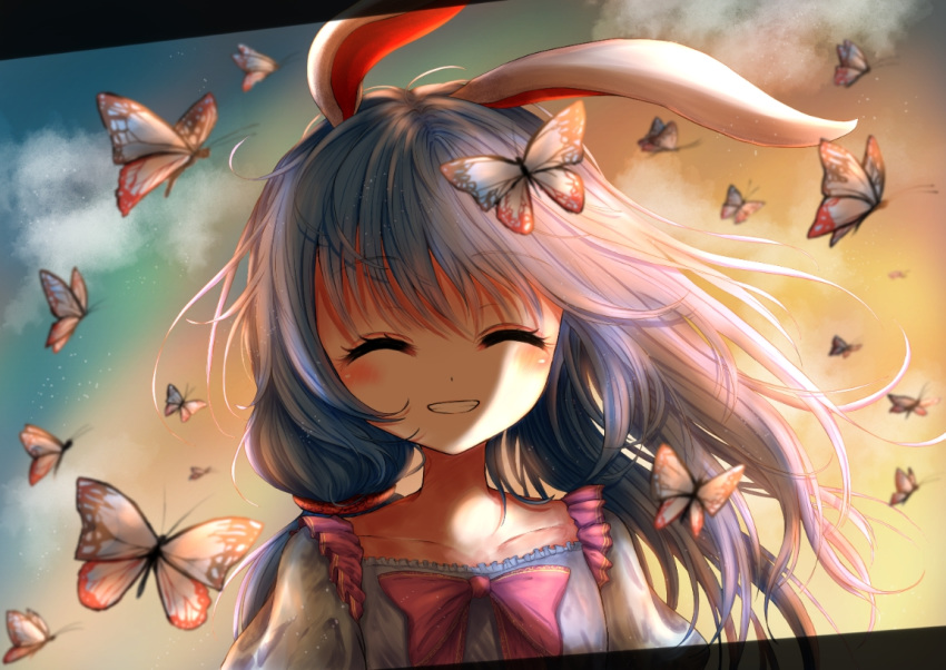 1girl alternate_hairstyle animal_ears blue_dress blue_hair bow bowtie bug butterfly butterfly_on_head closed_eyes clouds dress dutch_angle eyebrows_visible_through_hair facing_viewer gradient_sky grin hair_between_eyes hair_blowing insect kayon_(touzoku) letterboxed long_hair outdoors pink_neckwear rabbit_ears red_eyes seiran_(touhou) side_ponytail sky smile solo touhou twilight upper_body