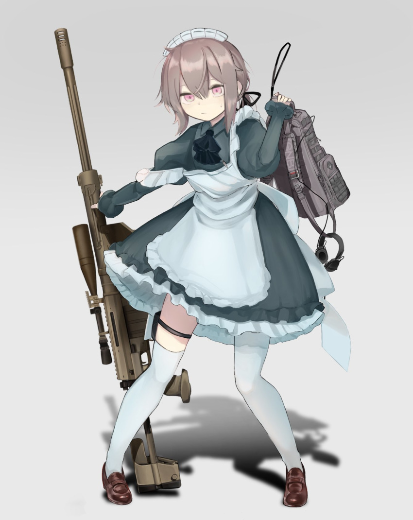 1girl alternate_costume anti-materiel_rifle apron backpack bag bangs blue_dress blue_neckwear bolt_action brown_hair cheytac_m200 collared_dress commentary_request dress enmaided frilled_apron frilled_skirt frills full_body girls_frontline gradient gradient_background gun hair_ribbon headset highres holding holding_gun holding_weapon holster m200_(girls_frontline) maid maid_headdress mary_janes no_gloves off_shoulder oxyuno0718 pink_eyes ribbon rifle scope shadow shoes sidelocks skirt sniper_rifle solo sweatdrop thigh-highs thigh_holster weapon white_legwear
