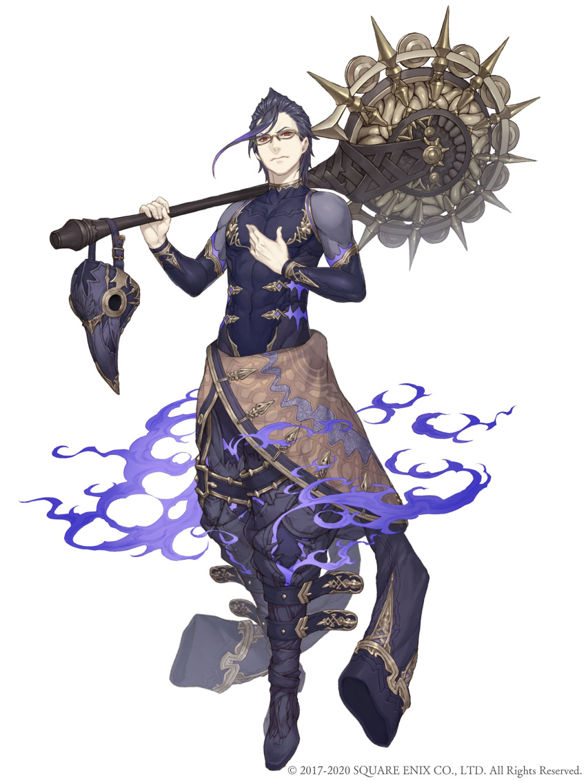 1boy absurdres belt blue_hair collarbone full_body glasses gold_trim hair_slicked_back hameln_(sinoalice) hand_on_own_chest highres ji_no jumpsuit jumpsuit_around_waist looking_at_viewer official_art over_shoulder plague_doctor_mask red_eyes serious sinoalice skin_tight solo square_enix weapon weapon_over_shoulder white_background