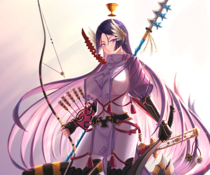 1girl absurdres bangs black_gloves bodysuit bow_(weapon) breasts chalice curvy fate/grand_order fate_(series) fingerless_gloves gloves grail highres holy_grail_(fate) katana large_breasts loincloth long_hair looking_at_viewer low-tied_long_hair minamoto_no_raikou_(fate/grand_order) parted_bangs polearm purple_bodysuit purple_hair rayu_(snowwhite_ki) ribbed_sleeves rope solo spear sword tabard very_long_hair violet_eyes weapon