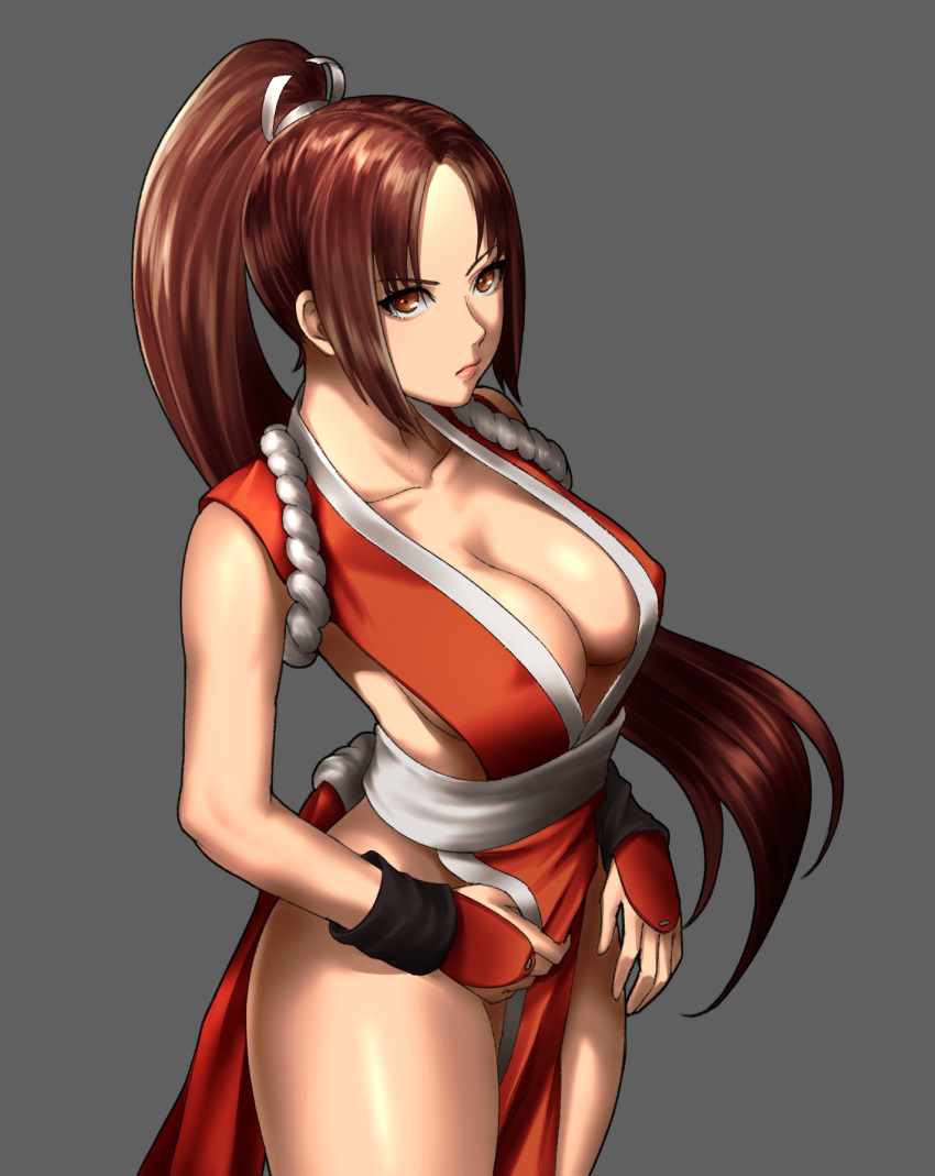 1girl breasts collarbone cowboy_shot fatal_fury grey_background high_ponytail highres large_breasts long_hair ninja nyatokanyaru pelvic_curtain ponytail revealing_clothes shiranui_mai simple_background sleeveless solo standing the_king_of_fighters