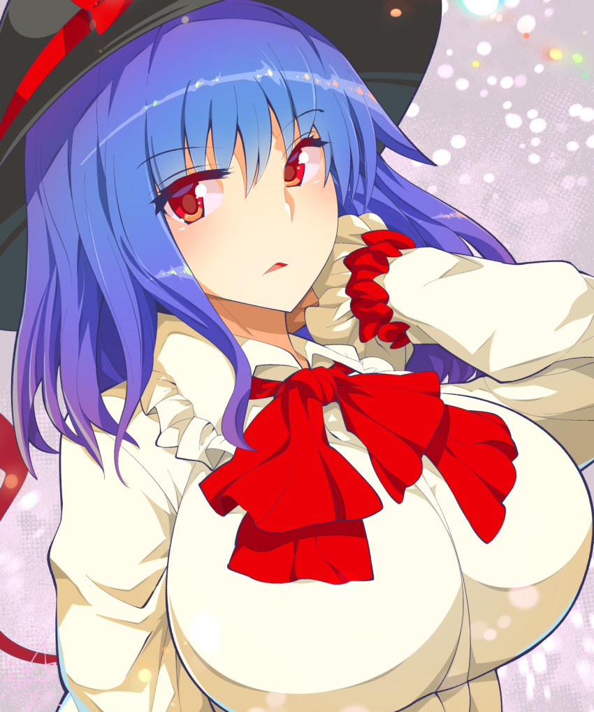 1girl bangs blue_hair bow breasts frilled_shirt_collar frilled_sleeves frills hat hat_bow hat_ribbon highres huge_breasts looking_at_viewer medium_hair nagae_iku parted_lips red_bow red_eyes red_ribbon ribbon shirt solo touhou umigarasu_(kitsune1963) upper_body white_shirt