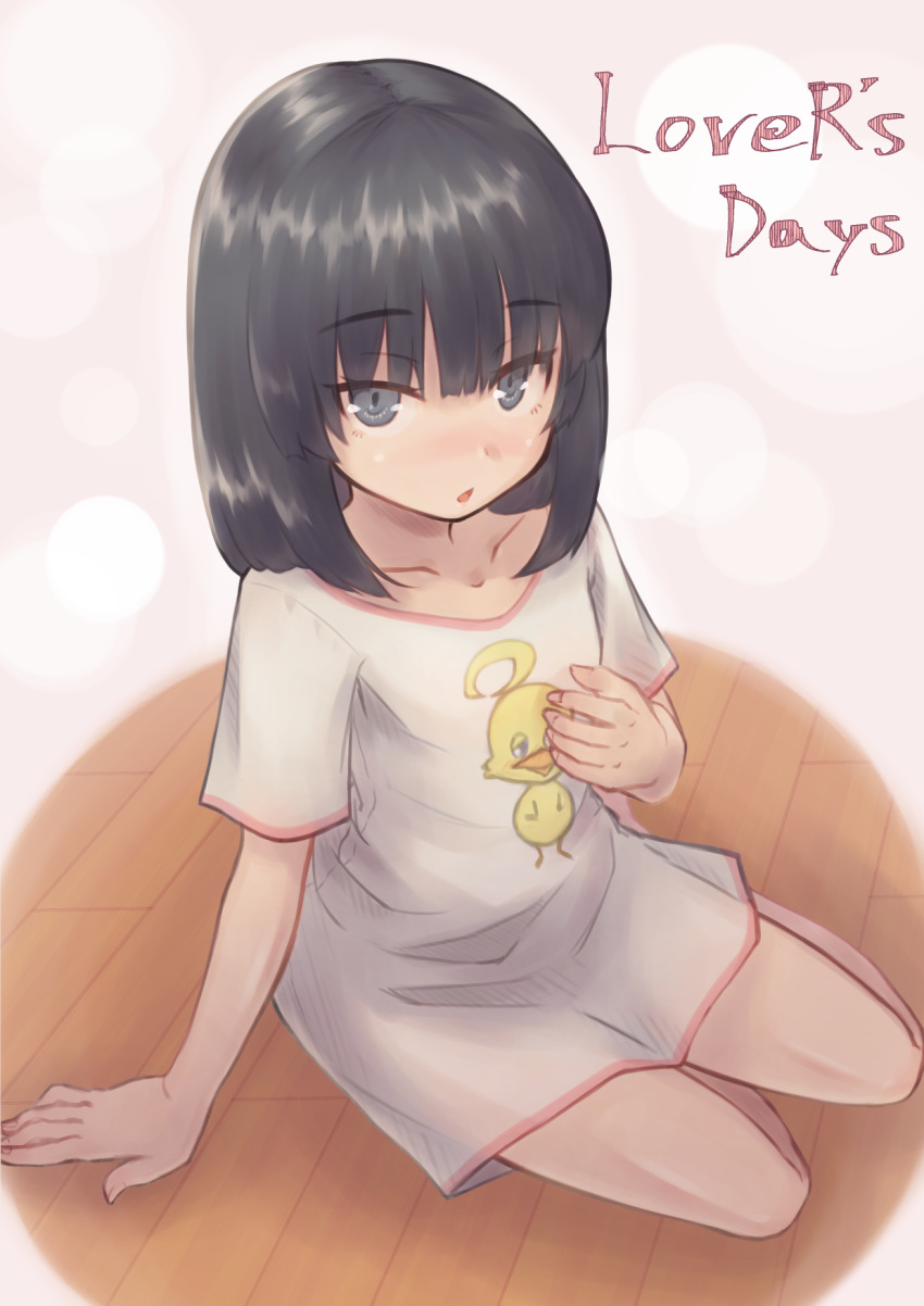 1girl black_hair blush collarbone flat_chest highres himenogi_rinze jitome looking_at_viewer love_r medium_hair open_mouth oversized_clothes oversized_shirt saisho_no_nakama shirt sitting solo