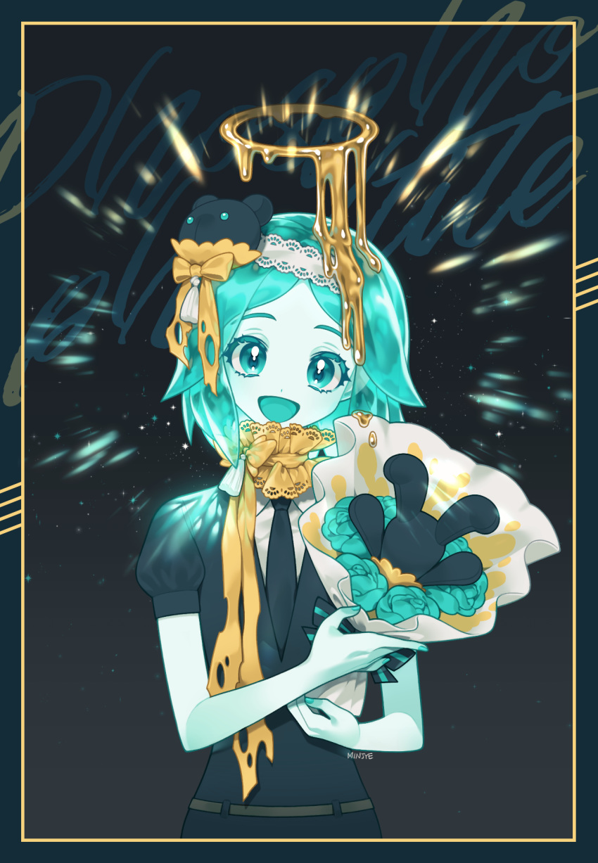 1other :d androgynous aqua_eyes aqua_flower aqua_hair aqua_nails bangs bare_arms belt black_neckwear border bouquet bow character_name colored_eyelashes commentary dripping flower gem_uniform_(houseki_no_kuni) hair_bow hairband halo happy head_tilt highres holding houseki_no_kuni looking_at_viewer minjye neck_ruff necktie open_mouth parted_bangs phosphophyllite puffy_short_sleeves puffy_sleeves ribbon short_hair short_sleeves simple_background smile solo sparkle stuffed_animal stuffed_toy tassel teddy_bear upper_body yellow_bow yellow_ribbon
