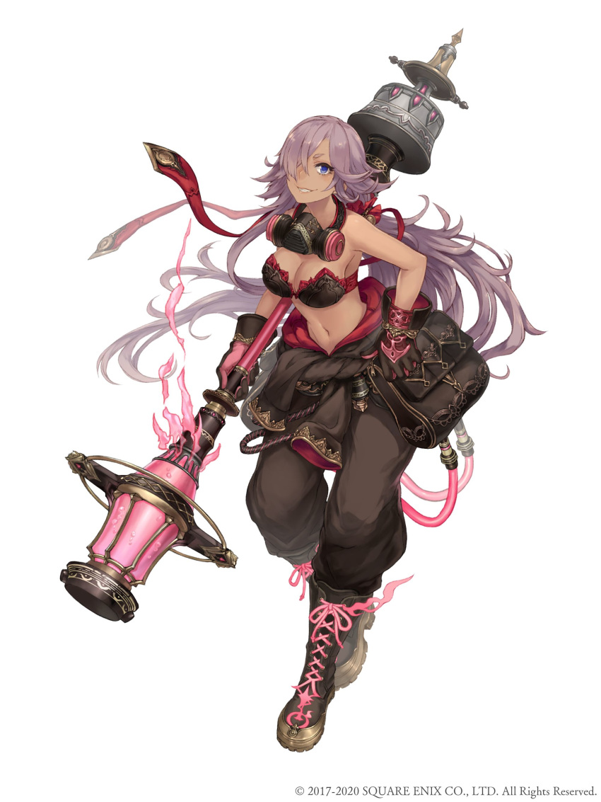 1girl absurdres bag blue_eyes boots breasts cinderella_(sinoalice) cross-laced_footwear dark_skin full_body gas_mask gloves grin hair_over_one_eye hand_on_hip highres ji_no jumpsuit jumpsuit_around_waist large_breasts lavender_hair long_hair looking_at_viewer low_ponytail mask_around_neck navel official_art sinoalice smile solo square_enix staff very_long_hair white_background