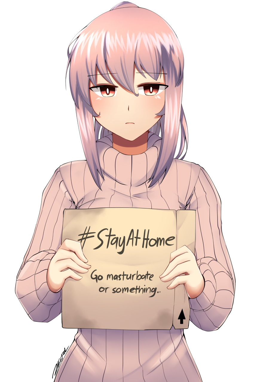 1girl absurdres box bright_pupils cardboard_box closed_mouth dated directional_arrow grey_sweater hashtag highres holding looking_at_viewer nas_(z666ful) original pink_hair ponytail red_eyes ribbed_sweater signature simple_background solo stay_at_home sweater white_background