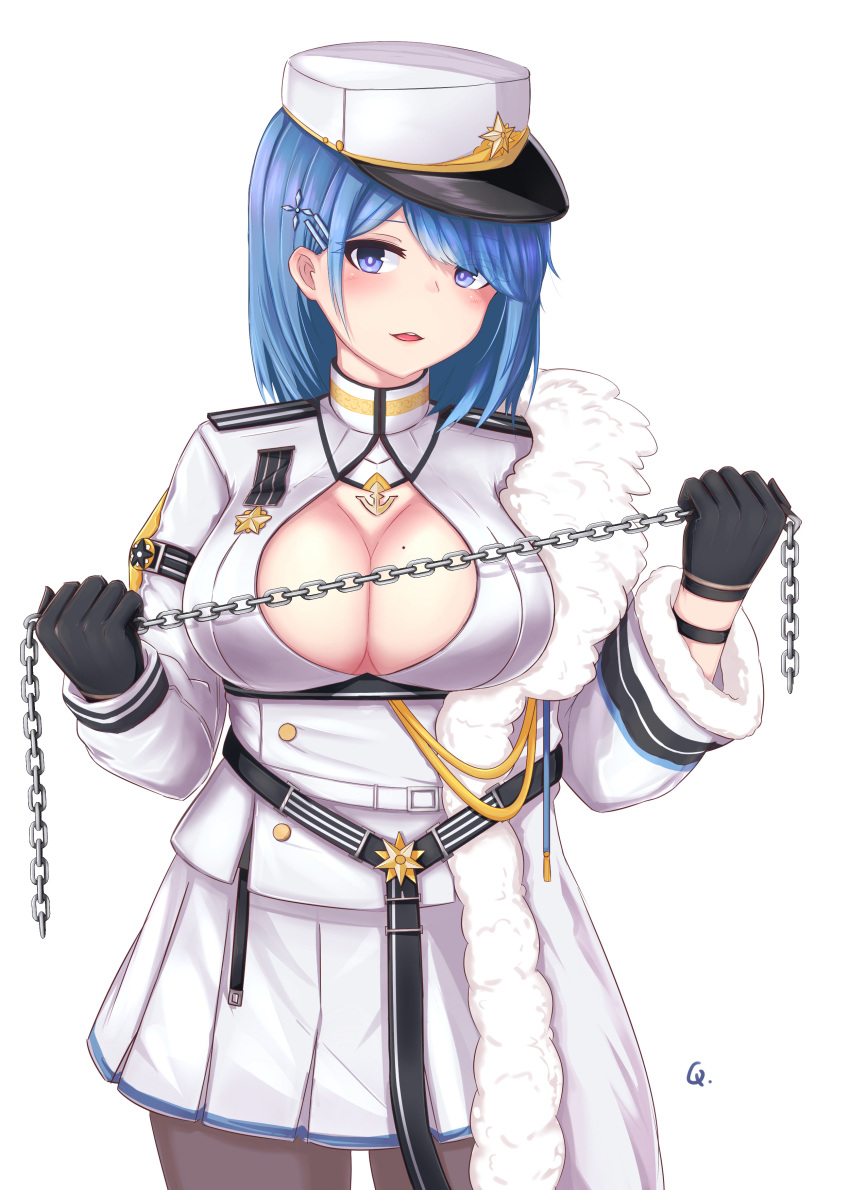 1girl absurdres azur_lane black_gloves blue_eyes blue_hair blush breasts chain chapayev_(azur_lane) eyebrows_visible_through_hair gloves hair_ornament hairclip hat highres jacket large_breasts looking_at_viewer military_hat mole mole_on_breast peaked_cap short_hair smile solo vinwri white_headwear white_jacket