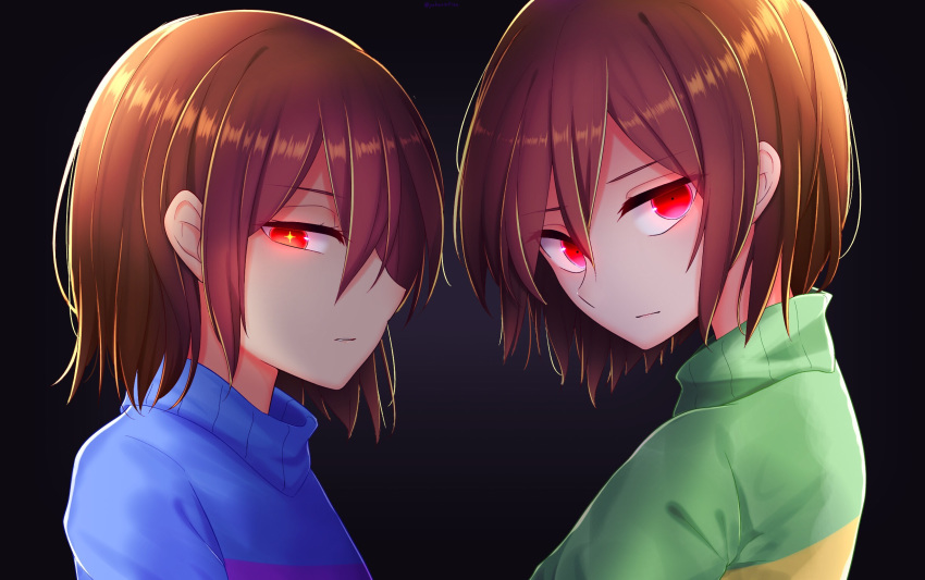 2others black_background blue_sweater brown_eyes brown_hair chara_(undertale) commentary_request dark_background eyebrows_visible_through_hair frisk_(undertale) green_sweater highres looking_at_viewer multiple_others red_eyes shiny shiny_hair shirt sparkling_eyes spoilers star striped striped_shirt striped_sweater sweater symbol-shaped_pupils turtleneck turtleneck_sweater undertale yuupontan.