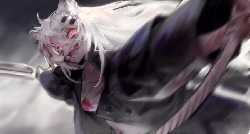 1girl animal_ears arknights black_coat blood blood_on_face bloody_clothes bloody_hair breasts coat cowboy_shot crazy_smile dual_wielding fangs hair_between_eyes hair_ornament hairclip highres holding katana lappland_(arknights) long_hair long_sleeves looking_at_viewer medium_breasts motion_blur open_mouth outstretched_arms red_eyes shirt slashing solo songchuan_li sword weapon white_hair white_shirt wolf_ears