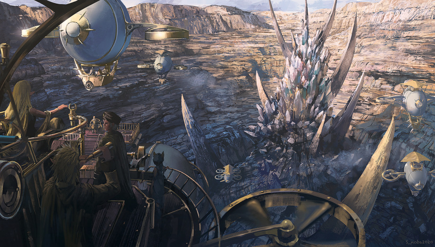 2boys 2girls aircraft airship blonde_hair blurry canyon cape depth_of_field desert dress elf fantasy from_behind hand_on_railing hat helm helmet hill landscape long_hair multiple_boys multiple_girls noba pixiv_fantasia pixiv_fantasia_age_of_starlight pointy_ears propeller railing scenery signature sitting spiky_hair telescope