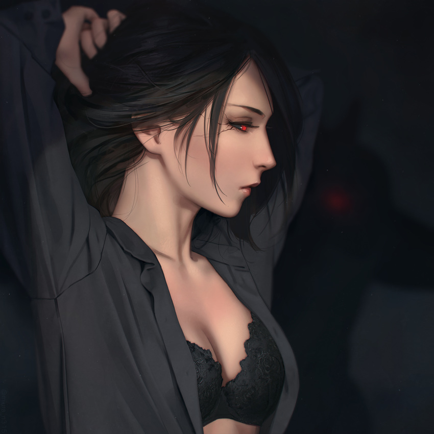 1girl arms_up black_bra black_hair black_sclera black_shirt bra breasts cracked_skin dark_background hair_over_one_eye highres kirishima_touka lips medium_breasts miura-n315 open_clothes open_shirt profile red_eyes shirt short_hair silhouette solo tokyo_ghoul underwear upper_body