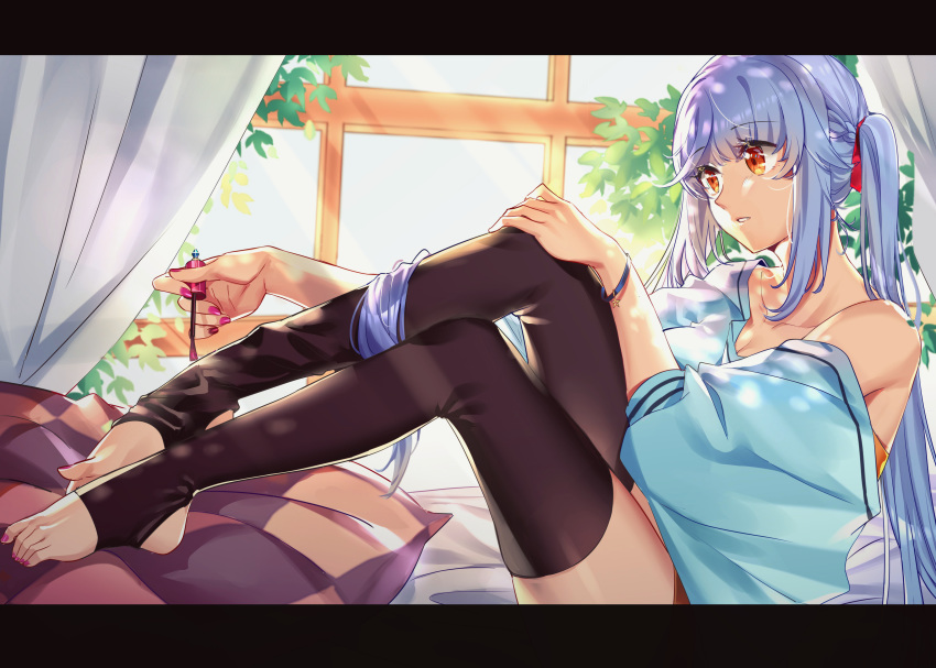 1girl absurdres aer_(tengqiu) azur_lane bars black_border border commentary_request curtains essex_(azur_lane) feet highres nail_polish pillow red_eyes red_nails silver_hair solo toeless_legwear toenail_polish toes twintails window