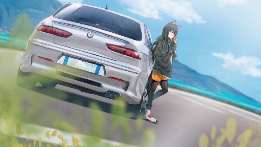 1girl alfa_romeo animal_ears arknights artist_name asama_(drift_in) black_hair black_jacket black_legwear blurry boots car cigarette closed_mouth clouds cloudy_sky day depth_of_field dutch_angle grass ground_vehicle hand_in_pocket highres hood hooded_jacket jacket long_hair long_sleeves looking_at_viewer motor_vehicle mountain multicolored_hair ocean orange_eyes orange_shorts outdoors pantyhose redhead road short_shorts shorts sky solo tail texas_(arknights) two-tone_hair white_footwear wolf_ears wolf_tail
