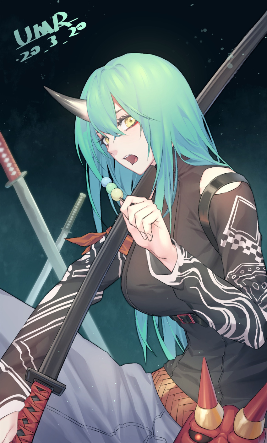 1girl absurdres alternate_costume aqua_background arknights arm_ribbon bangs belt black_background black_shirt breasts brown_belt dango dated food gradient gradient_background green_hair grey_pants hair_between_eyes hand_up highres holding holding_food horn hoshiguma_(arknights) katana large_breasts long_hair long_sleeves looking_at_viewer mask open_mouth orange_ribbon pants planted_sword planted_weapon ribbon sanshoku_dango shirt solo sword tengu_mask wagashi weapon yellow_eyes yumero