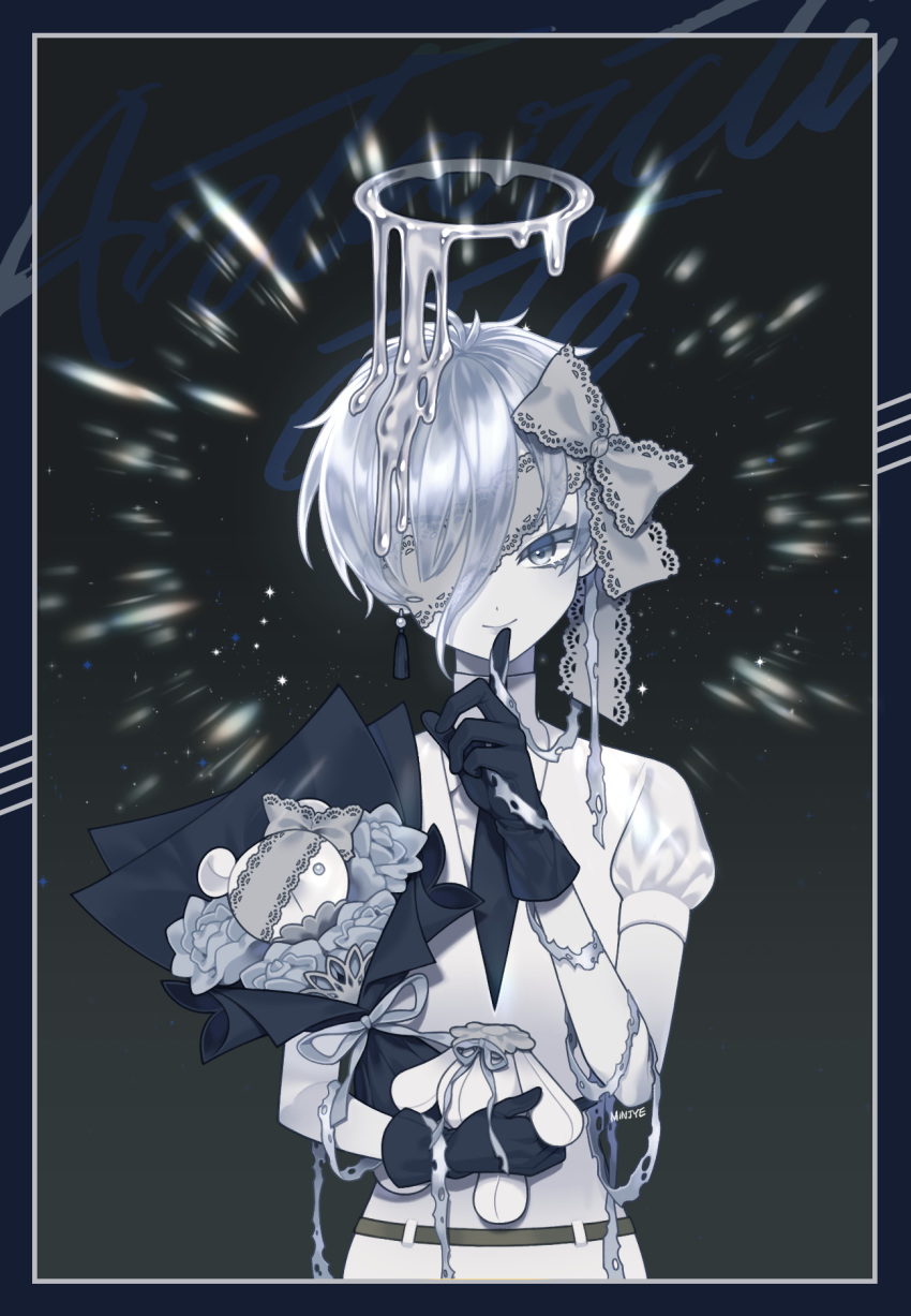 1other androgynous antarcticite bangs belt black_gloves black_neckwear border bouquet character_name closed_mouth commentary dripping finger_to_mouth flower gem_uniform_(houseki_no_kuni) gloves grey_eyes grey_flower grey_ribbon hair_ribbon halo highres holding houseki_no_kuni index_finger_raised lace lace-trimmed_ribbon lace_trim looking_at_viewer minjye necktie one_eye_covered puffy_short_sleeves puffy_sleeves ribbon short_hair short_sleeves shushing silver_hair simple_background smile solo sparkle stuffed_animal stuffed_toy teddy_bear