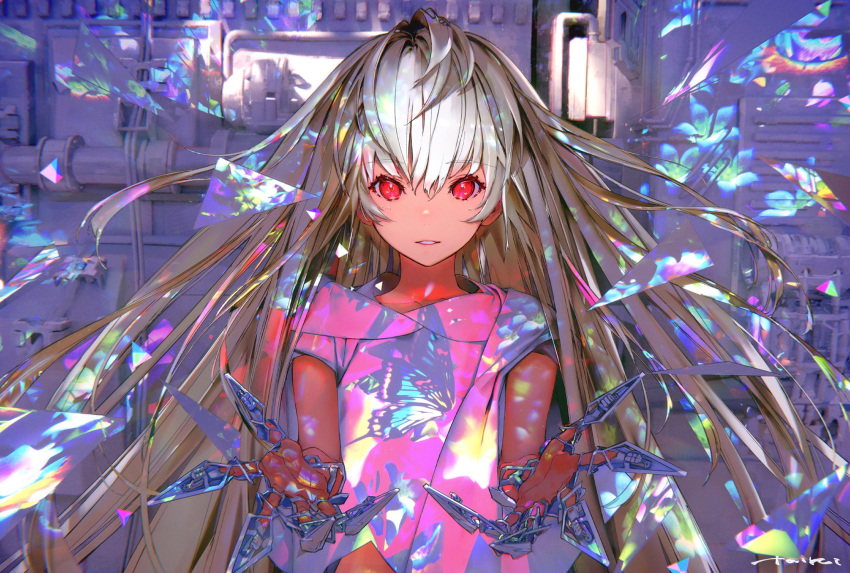 1girl bangs blonde_hair bug butterfly eyebrows_visible_through_hair flower highres insect long_hair looking_at_viewer original outstretched_hand parted_lips pipes red_eyes signature solo taiki_(luster) third-party_source