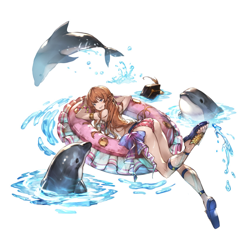 1girl armlet ass bikini blue_eyes bracelet braid brown_hair bubble derivative_work dolphin granblue_fantasy hat jewelry lecia_(granblue_fantasy) long_hair minaba_hideo official_art peaked_cap sandals simple_background swimsuit third-party_edit water