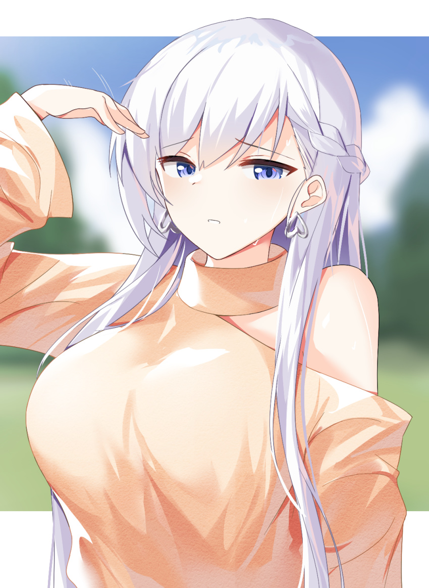 1girl alternate_costume azur_lane belfast_(azur_lane) blue_eyes blue_sky blurry blurry_background blush braid breasts casual clouds eyebrows_visible_through_hair french_braid grass highres large_breasts long_hair looking_at_viewer quiet silver_hair sky solo tree