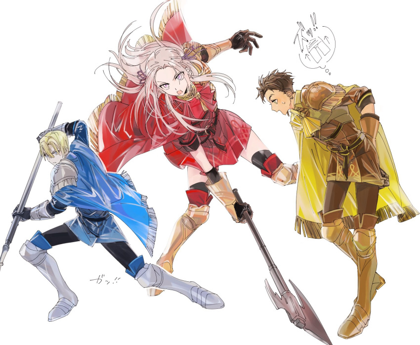 1girl 2boys axe blonde_hair blue_cape blue_eyes brown_hair cape claude_von_riegan closed_mouth dark_skin dark_skinned_male dimitri_alexandre_blaiddyd earrings edelgard_von_hresvelg fire_emblem fire_emblem:_three_houses from_side gloves green_eyes hair_ribbon highres hira_(mcohira) holding holding_axe jewelry long_hair multiple_boys open_mouth polearm red_cape ribbon short_hair simple_background violet_eyes weapon white_background white_hair yellow_cape