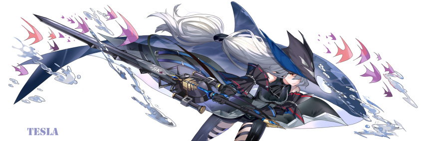 1girl arknights black_gloves black_headwear black_pants black_shirt black_sleeves chaps claymore_(sword) commentary_request gloves hair_between_eyes highres holding holding_sword holding_weapon long_hair low-tied_long_hair orca pants qihai_lunpo shirt silver_hair skadi_(arknights) sword thigh_cutout weapon whale