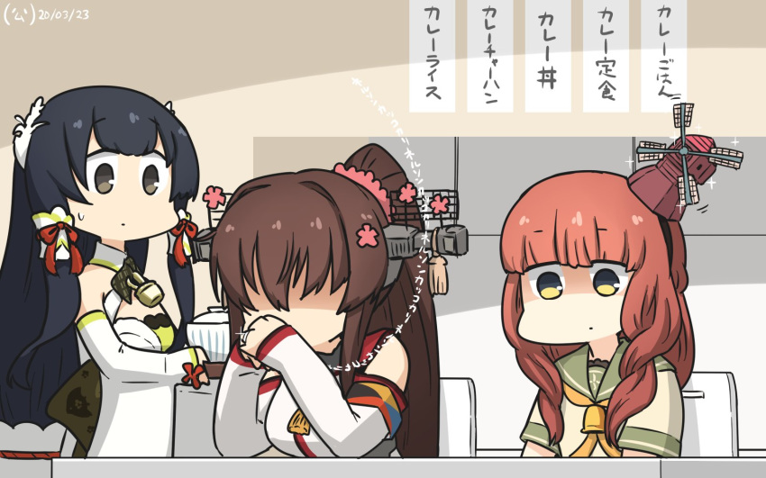 3girls bangs beige_shirt black_hair blunt_bangs braid bridal_gauntlets brown_hair cherry_blossoms commentary_request curly_hair de_ruyter_(kantai_collection) detached_sleeves dining_room dress faceless faceless_female flower food gendou_pose green_dress green_eyes green_sailor_collar grey_eyes hair_flower hair_ornament hair_ribbon hair_tubes hamu_koutarou hands_clasped headgear highres indoors jewelry kantai_collection kitchen long_hair looking_at_another looking_down low-tied_long_hair mizuho_(kantai_collection) multiple_girls orange_neckwear own_hands_together ponytail redhead ribbon ring sailor_collar sailor_shirt shaded_face shirt side_braid sidelocks sitting standing translation_request tray very_long_hair wedding_band wide_sleeves yamato_(kantai_collection)
