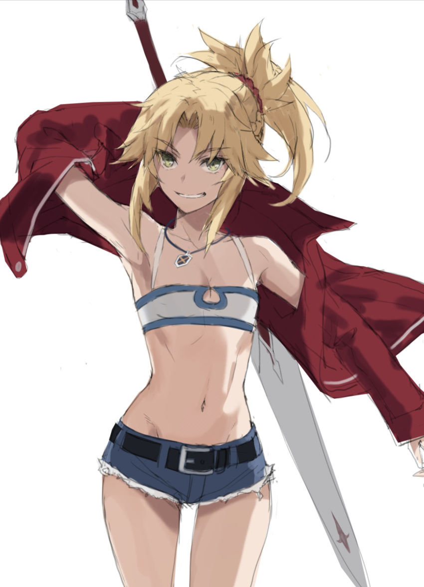 1girl arm_behind_head arm_up armpits bandeau bangs bare_shoulders belt blue_shorts blush braid breasts clarent collarbone cutoffs denim denim_shorts fate/apocrypha fate_(series) french_braid green_eyes grin hair_ornament hair_scrunchie highres jacket jewelry long_hair long_sleeves looking_at_viewer mordred_(fate) mordred_(fate)_(all) navel necklace open_clothes open_jacket ponytail red_jacket red_scrunchie scrunchie short_shorts shorts simple_background small_breasts smile solo sword tonee weapon white_background