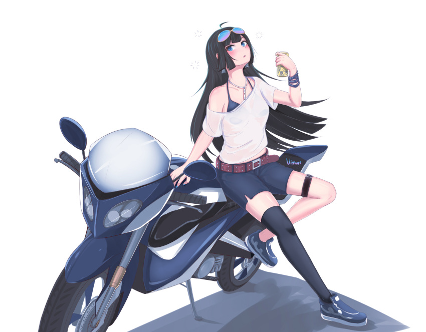 1girl artist_name bangs belt black_hair black_legwear blue_bra blue_nails blunt_bangs bra bracelet breasts can character_request chinese_commentary collarbone commentary_request drunk full_body ground_vehicle highres jewelry leaning_back long_hair mahjong_soul motor_vehicle motorcycle nail_polish necklace off_shoulder shirt shoes shorts signature single_thighhigh small_breasts sneakers solo standing straight_hair thigh-highs underwear vinwri white_shirt