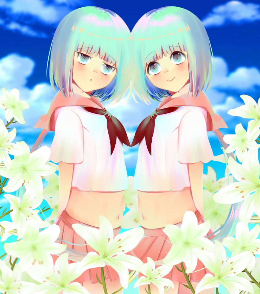 2girls belly blue_eyes blue_hair blue_sky blush clouds cloudy_sky dress flower highres lily_(flower) liz. multiple_girls sailor_collar sailor_dress scarf siblings sky smile twins