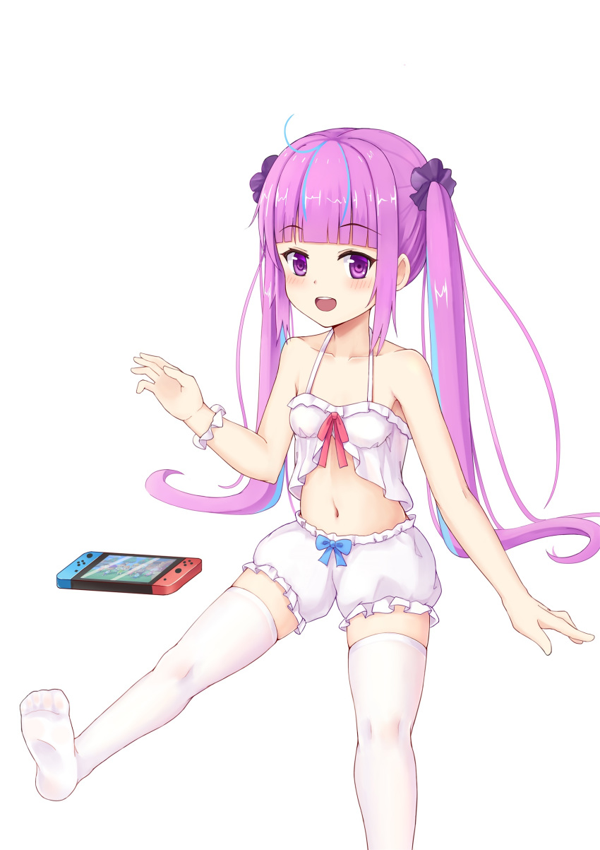 1girl absurdres bangs bare_shoulders blue_hair blush breasts collarbone commentary_request eyebrows_visible_through_hair hair_ornament hair_ribbon highres hololive long_hair looking_at_viewer minato_aqua multicolored_hair navel nintendo_switch no_shoes open_mouth purple_hair ribbon shu_pian small_breasts smile solo thigh-highs twintails two-tone_hair upper_teeth violet_eyes virtual_youtuber white_legwear