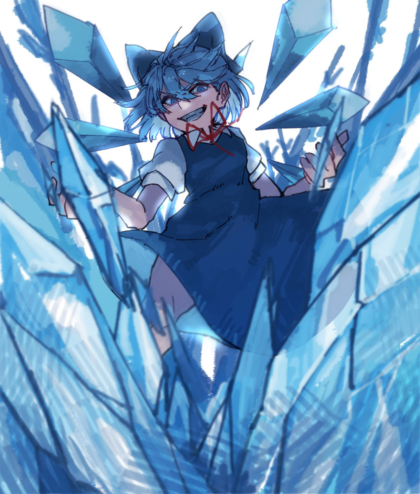 1girl blue_bow blue_dress blue_eyes blue_hair blue_theme bow cirno detached_wings dress grin hair_bow hands_up highres ice ice_wings looking_at_viewer neck_ribbon prat_rat red_neckwear ribbon shirt short_sleeves smile solo touhou white_background white_shirt wings