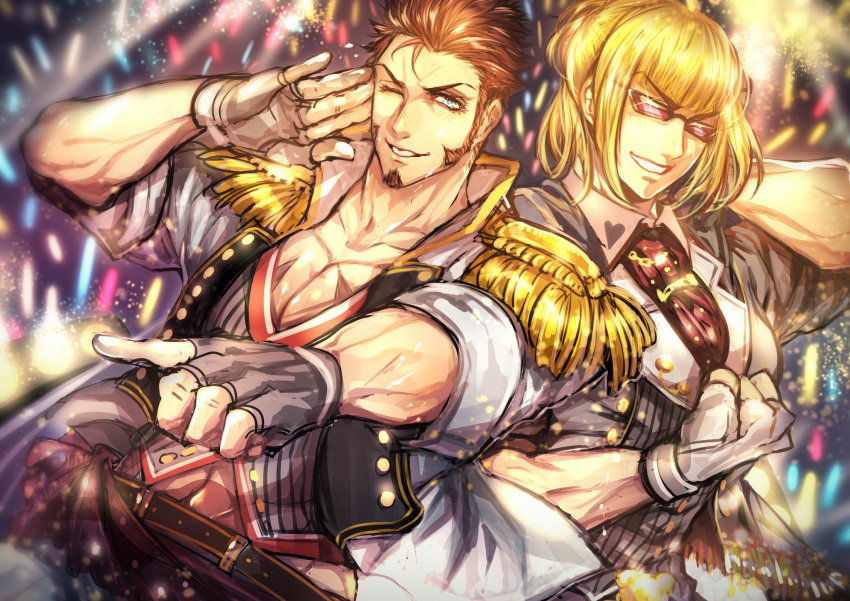 2boys bangs beard blonde_hair blue_eyes blush brown_hair chest cosplay epaulettes facial_hair fate/grand_order fate_(series) gloves highres idol jacket long_hair long_sleeves looking_at_viewer male_focus multiple_boys muscle napoleon_bonaparte_(fate/grand_order) necktie one_eye_closed open_clothes pectorals sakata_kintoki_(fate/grand_order) scar simple_background smile sunglasses uniform upper_body zuman_(zmnjo1440)