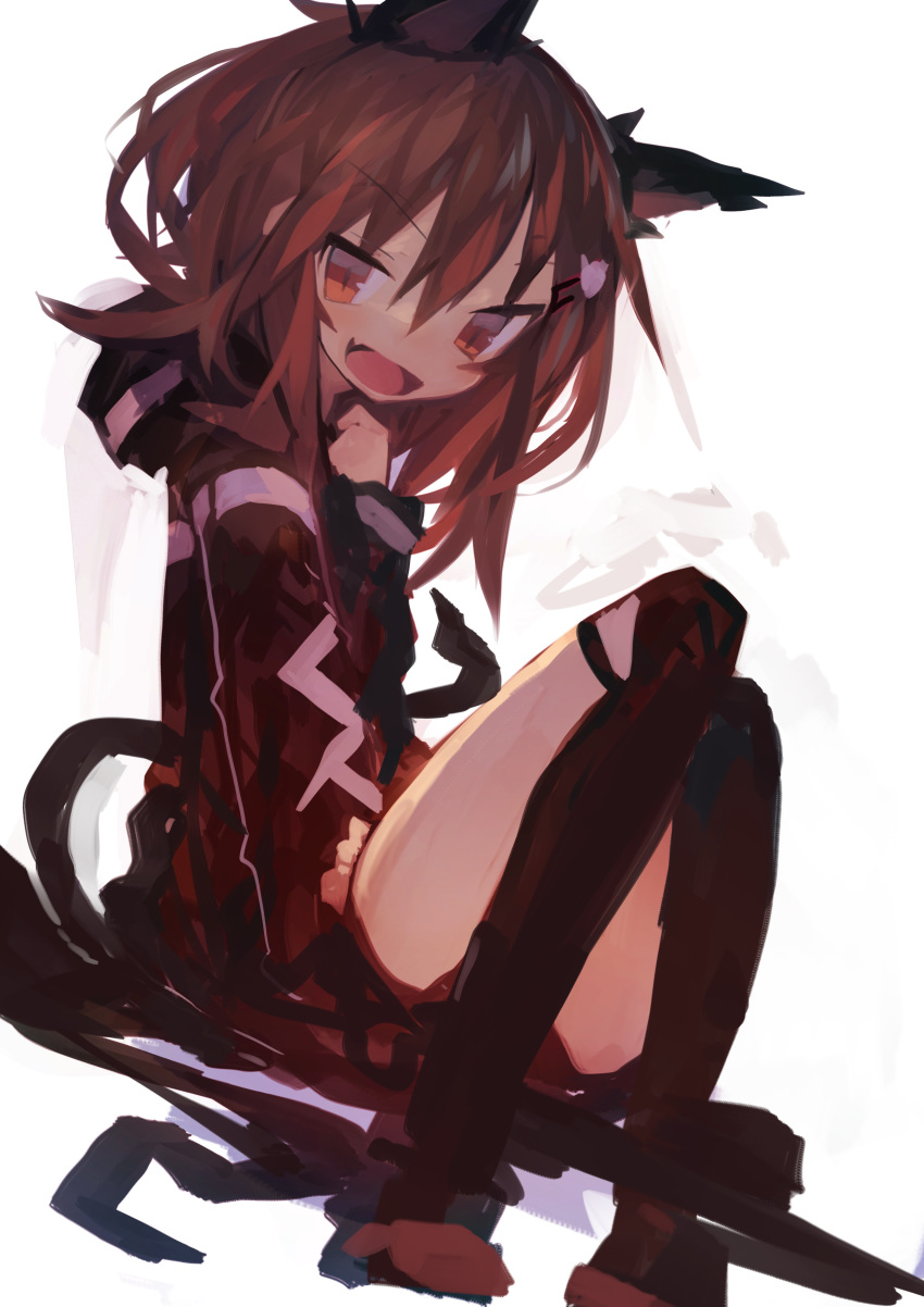 1girl absurdres alternate_costume animal_ears black_legwear blush brown_eyes brown_hair cat_ears cat_tail eyebrows_visible_through_hair hair_between_eyes hair_ornament hairclip highres ikazuchi_(kantai_collection) kaamin_(mariarose753) kantai_collection long_sleeves medium_hair open_mouth simple_background sitting solo tail white_background